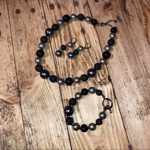 (3/$25) Black and Silver Beaded Necklace, Earrings, & Bracelet Set